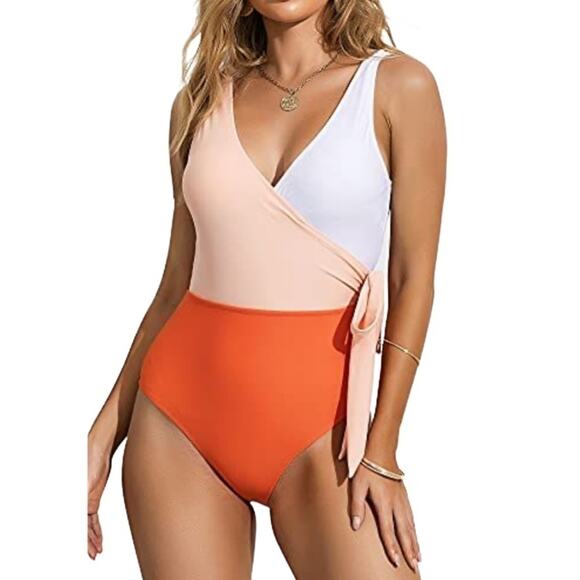CUPSHE V Neck Color Block Wrap One Piece Swimsuits Side Bowknot Size XL NWT - Picture 1 of 16